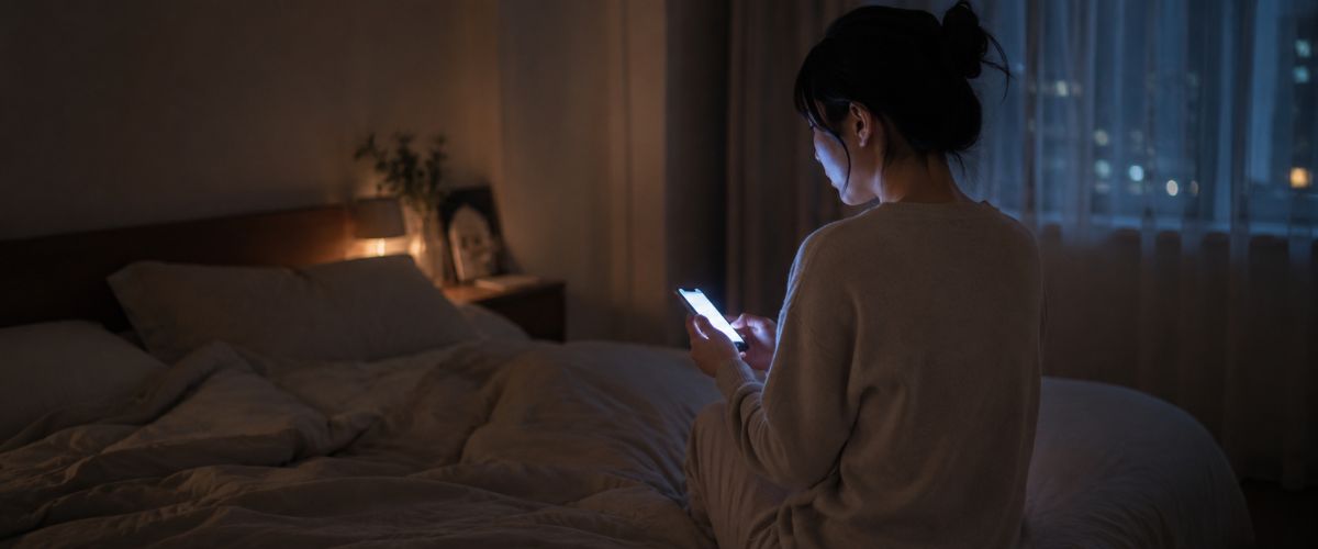 薄暗い部屋でベッドに一人座りスマホを見る女性。既婚男性の遊びのサインを確かめる場面