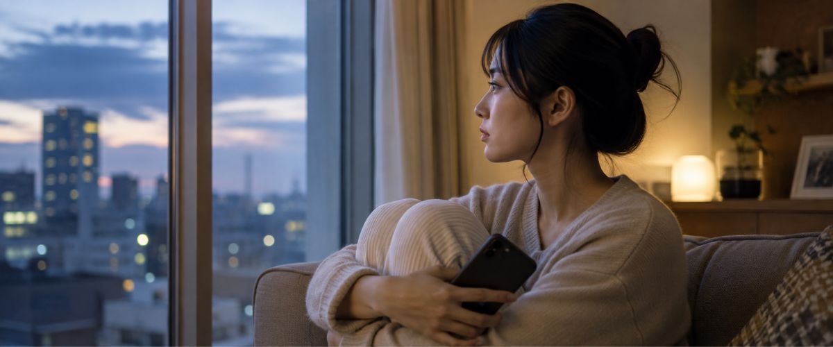 窓辺で考え込む女性。彼が離婚しないことと遊びで扱われることの違いを整理するイメージ