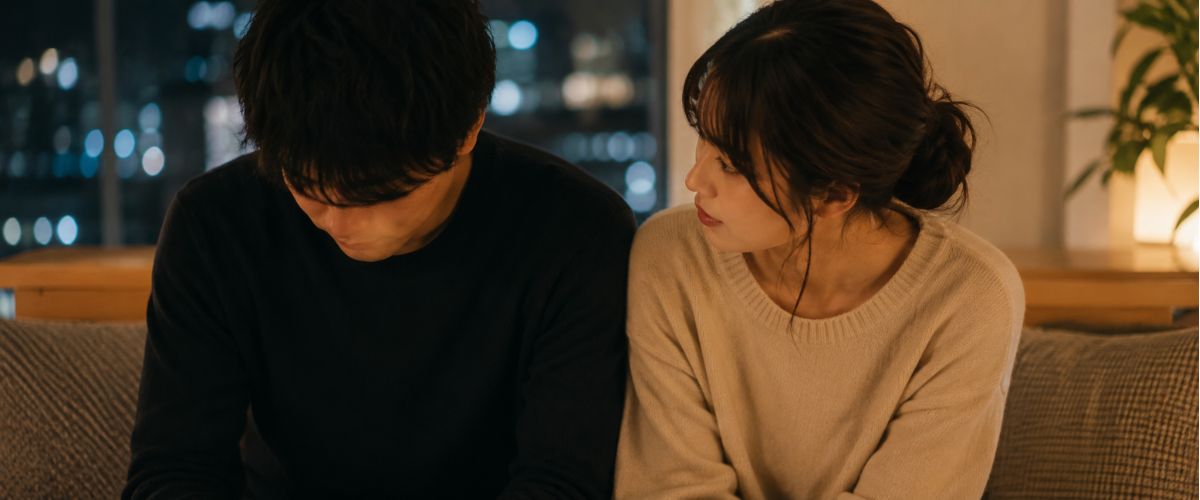 並んで座っているのに視線が合わない男女。行動を見ても既婚男性の本心までは分からないイメージ