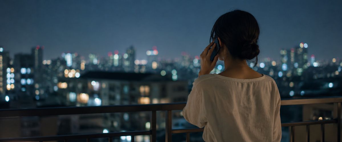 夜の窓際でスマホを耳に当てて話す女性の後ろ姿。誰にも言えない不倫の悩みを相談する場面