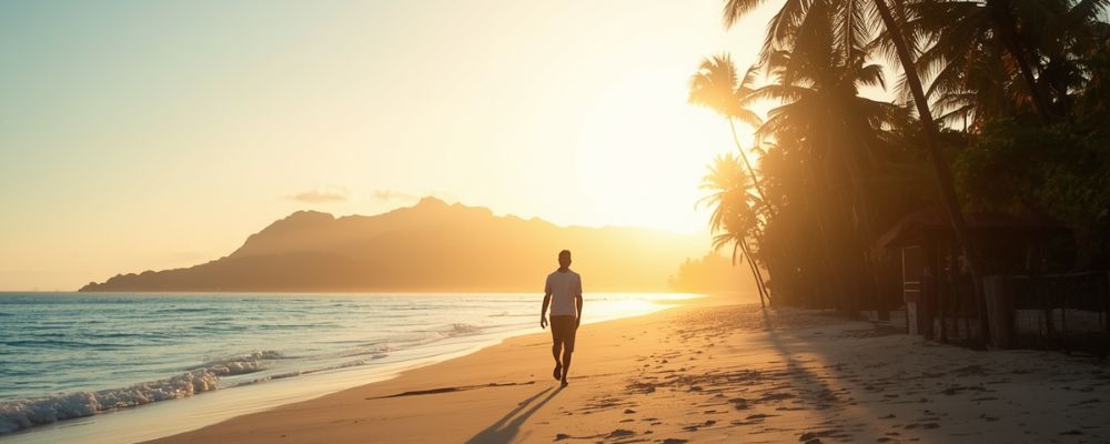 人生どん底から抜け出し朝の海辺を歩く後ろ姿